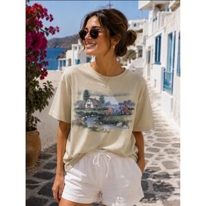 Morning Sun Graphic T-Shirt Women XL Sage Green Vintage Cottage Landscape Tee